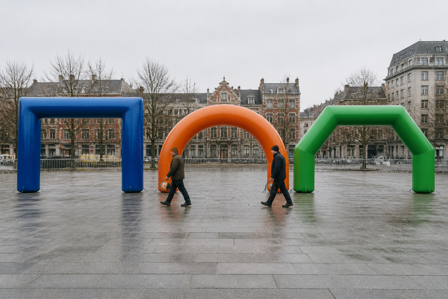 Illustrative square, round and angled inflatable arches used to compare printed sponsor areas