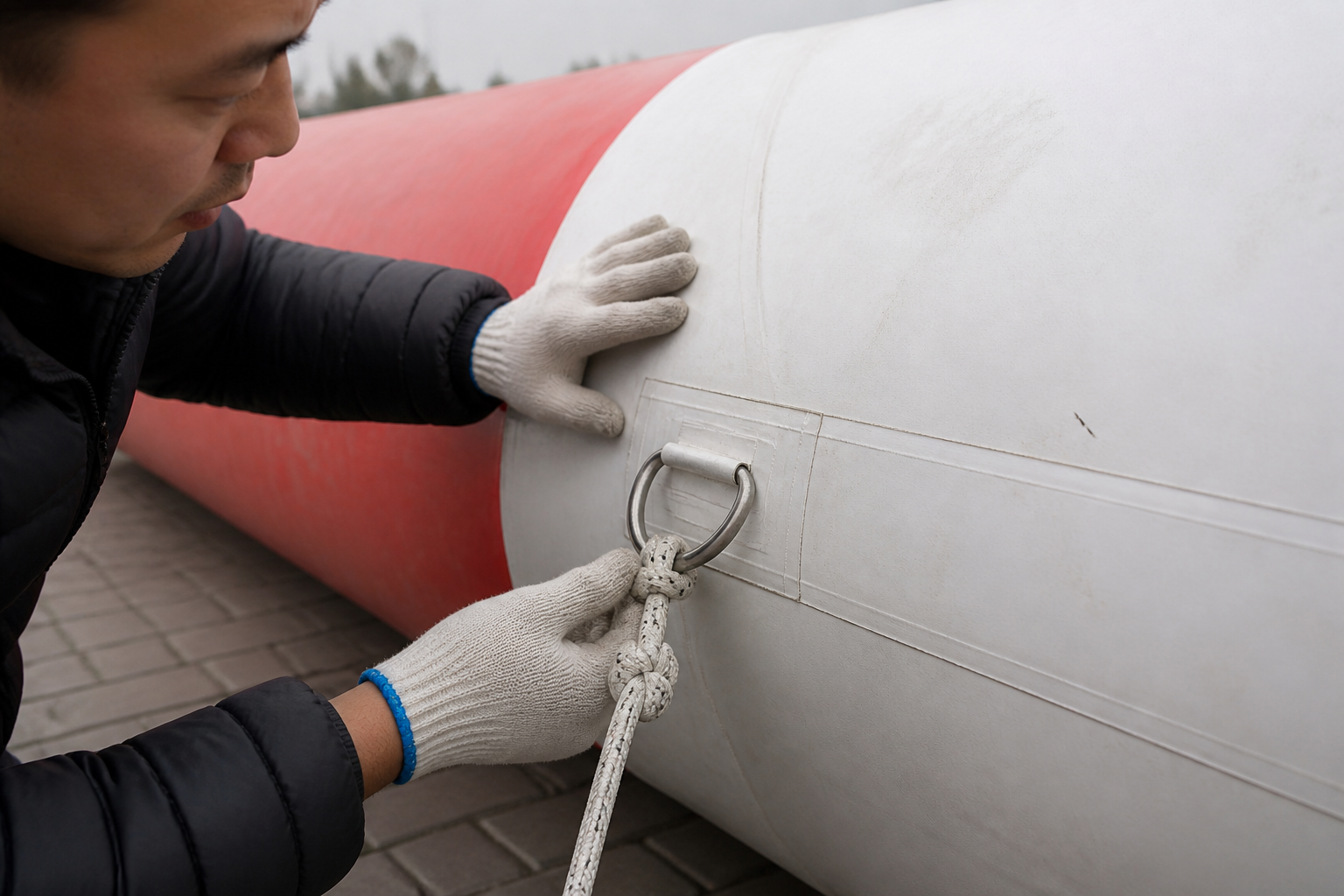 Close view of hands checking a reinforced tie point and seam on an inflated arch leg outdoors