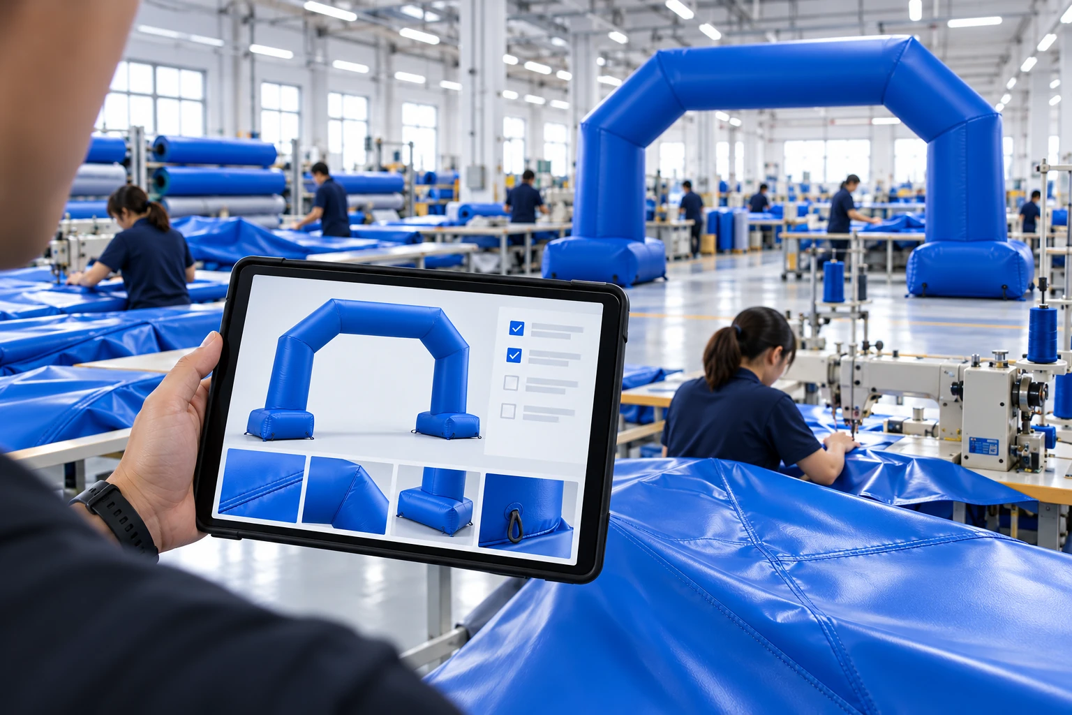 AI supplier-verification planning concept showing a tablet arch diagram and anonymous textile work area.