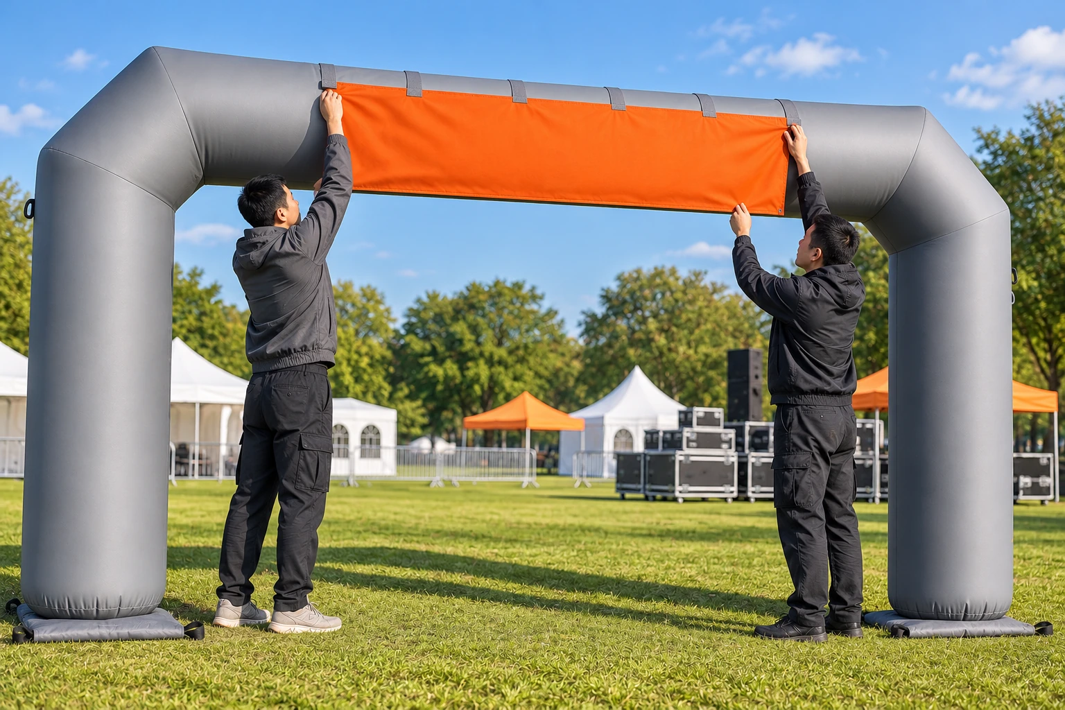 AI concept of a removable orange banner being fitted to a full grey inflatable entrance arch.