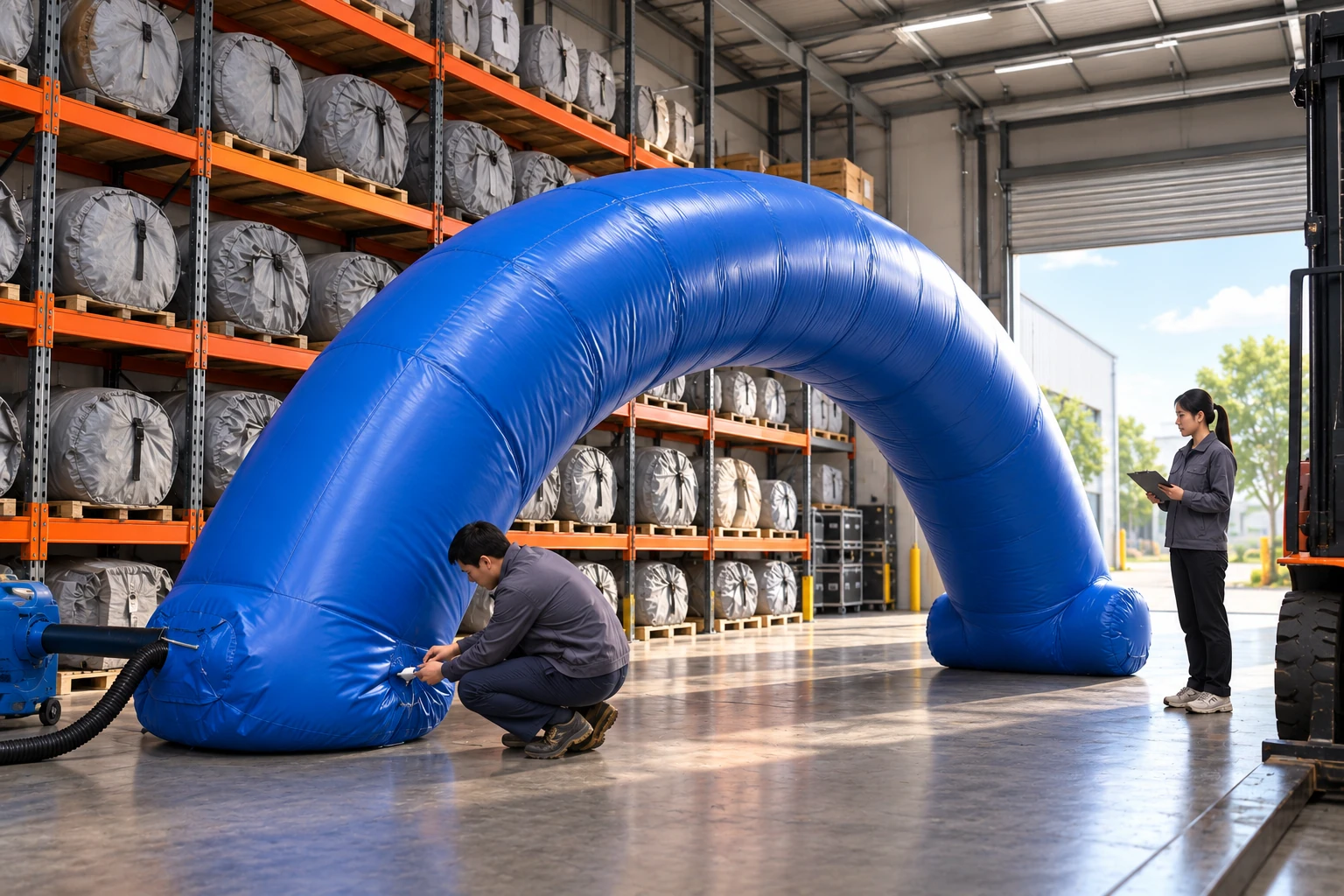 AI concept of staff examining a blue inflatable arch beside stored rental equipment bags.