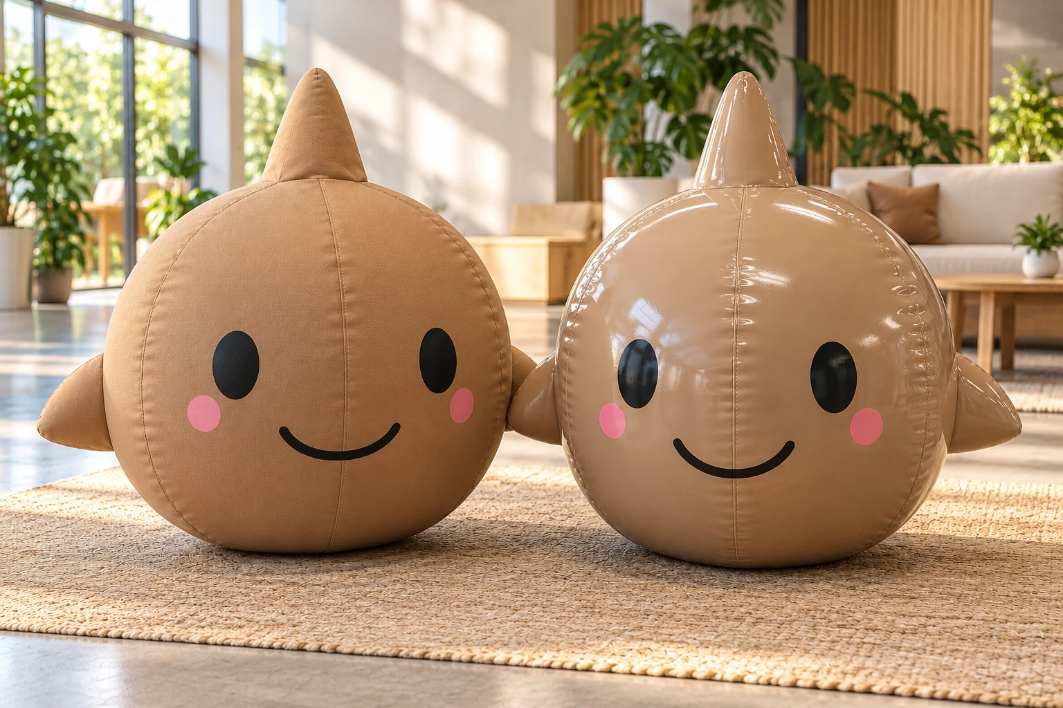 AI concept comparing identical tan pointed-top smiling inflatable heads with matte and glossy finishes.