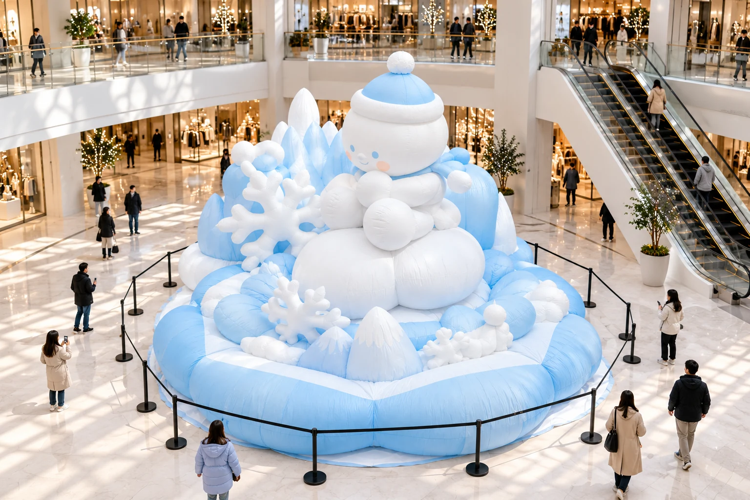 AI-generated concept of white and ice-blue inflatable snowman ensemble on a circular base in a mall atrium.