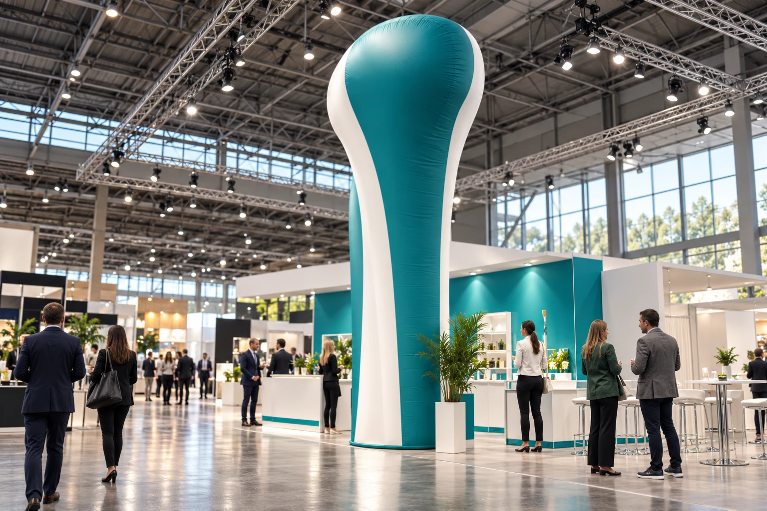 AI-generated concept of grounded teal and white bulb-top inflatable tower beside a trade-show booth.