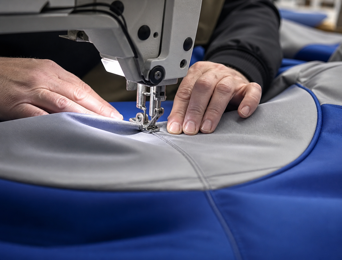 Industrial sewing detail for a custom inflatable prepared for France