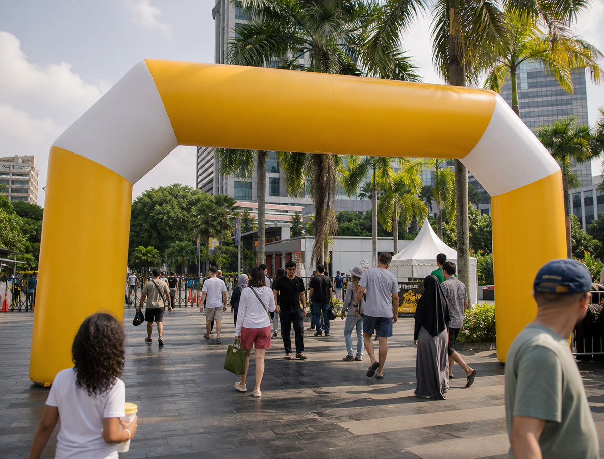 Custom inflatable arch prepared for an outdoor brand activation in Indonesia