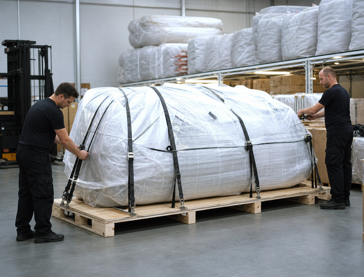 Palletized custom inflatables ready for air freight to Italy