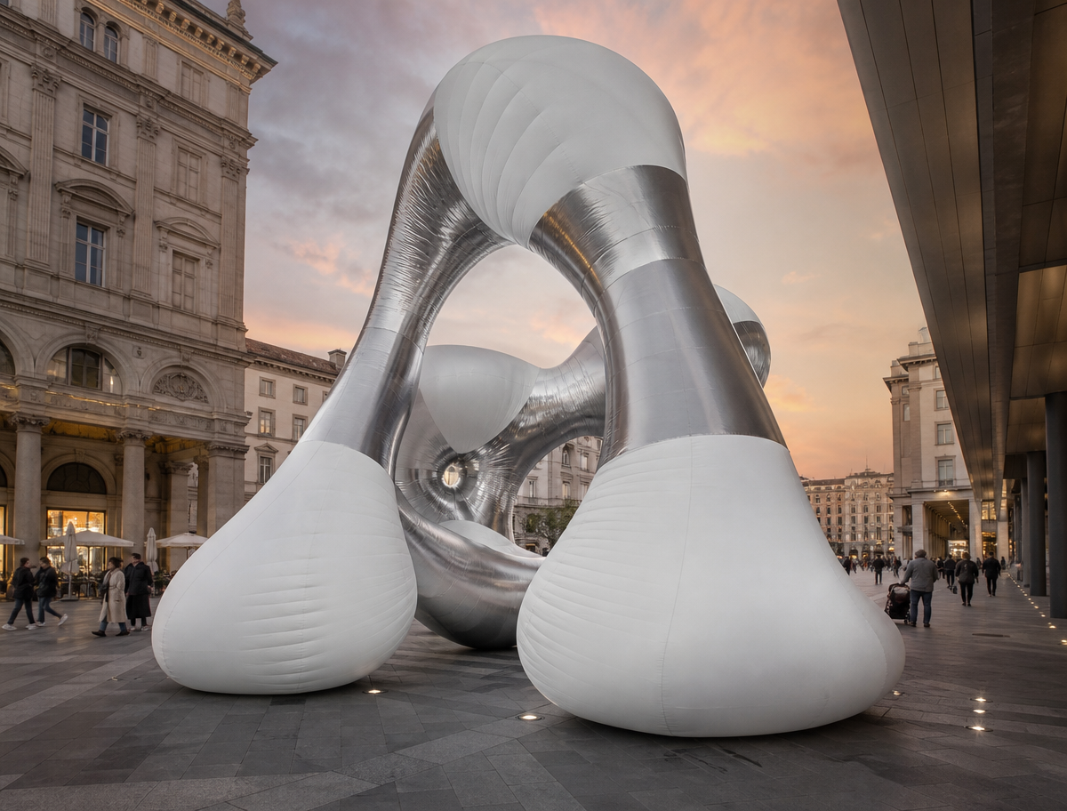 Abstract custom shaped inflatable centerpiece in an Italian city plaza
