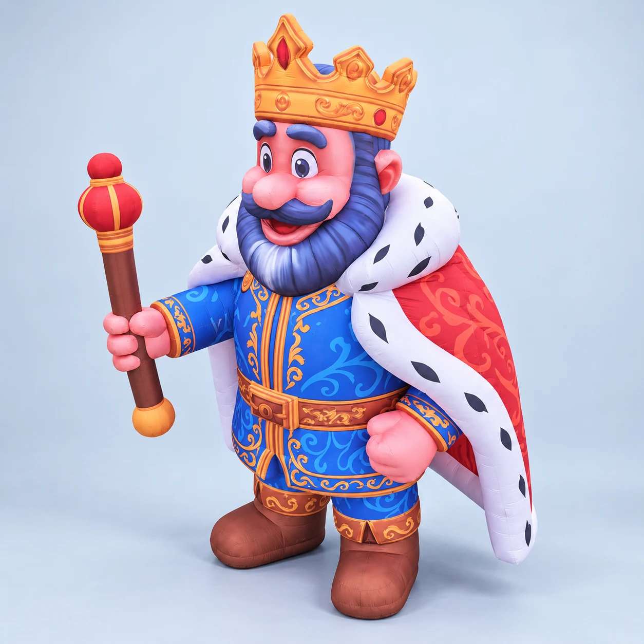 Three-quarter view of the king inflatable showing the tunic, scepter and cape