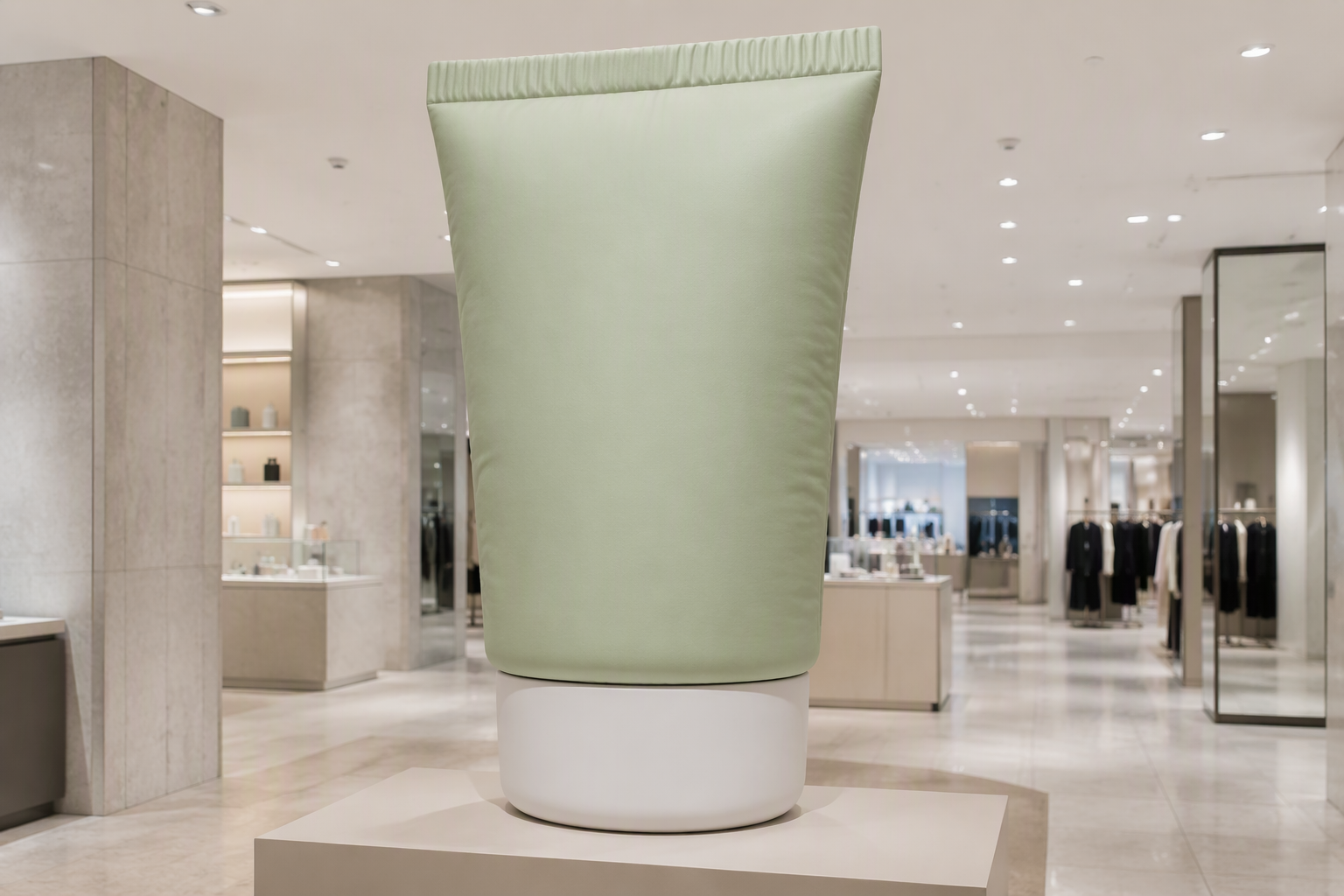 Illustrative pale-sage cosmetic tube inflatable with a white cap in a retail display setting