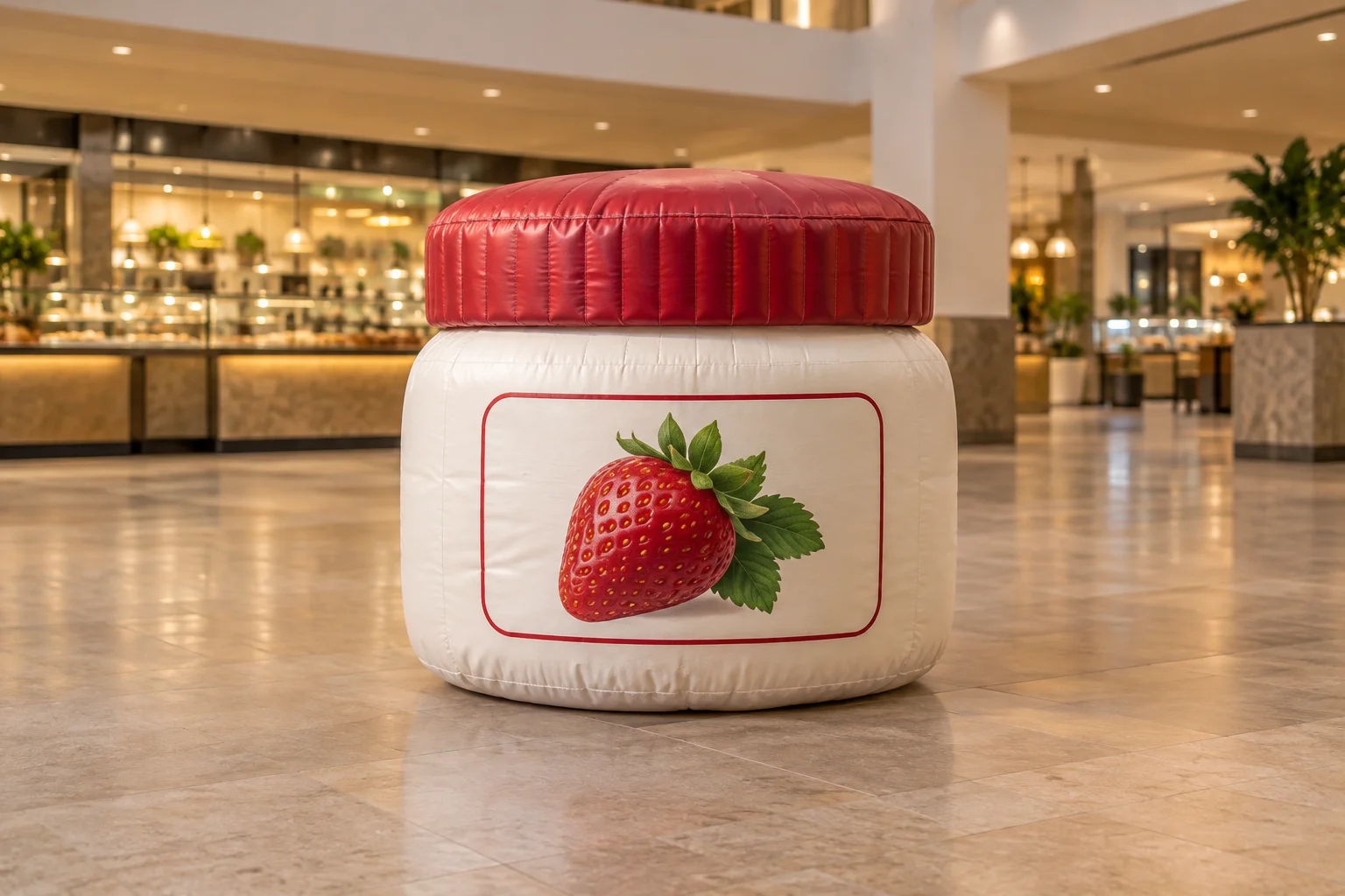 AI-generated design reference of a cream-colored wide-body inflatable jar with deep-red fabric lid and fictional strawberry label in a retail hall