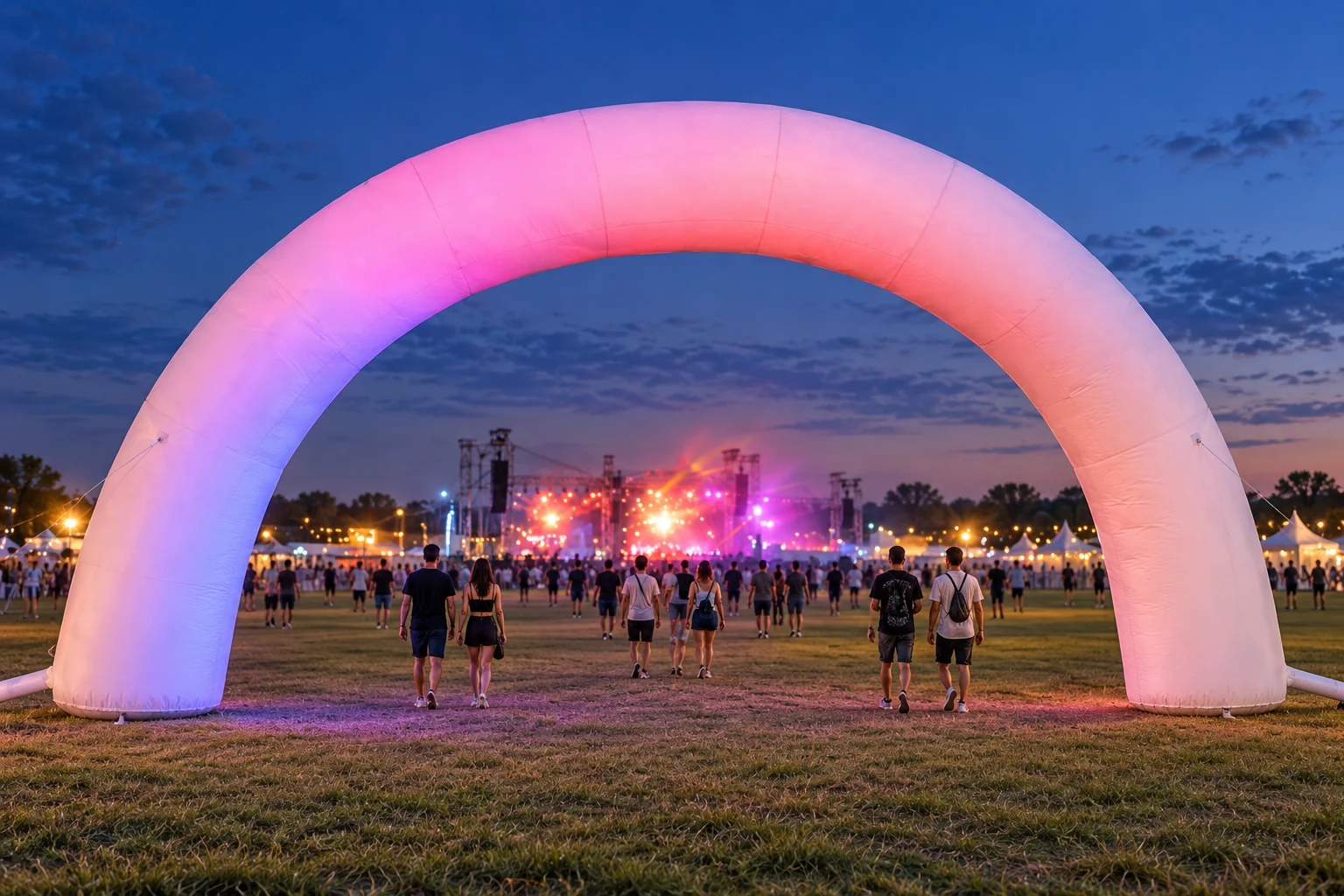 AI-generated concept of a white rounded inflatable festival entrance arch with pink and lavender lighting at dusk.