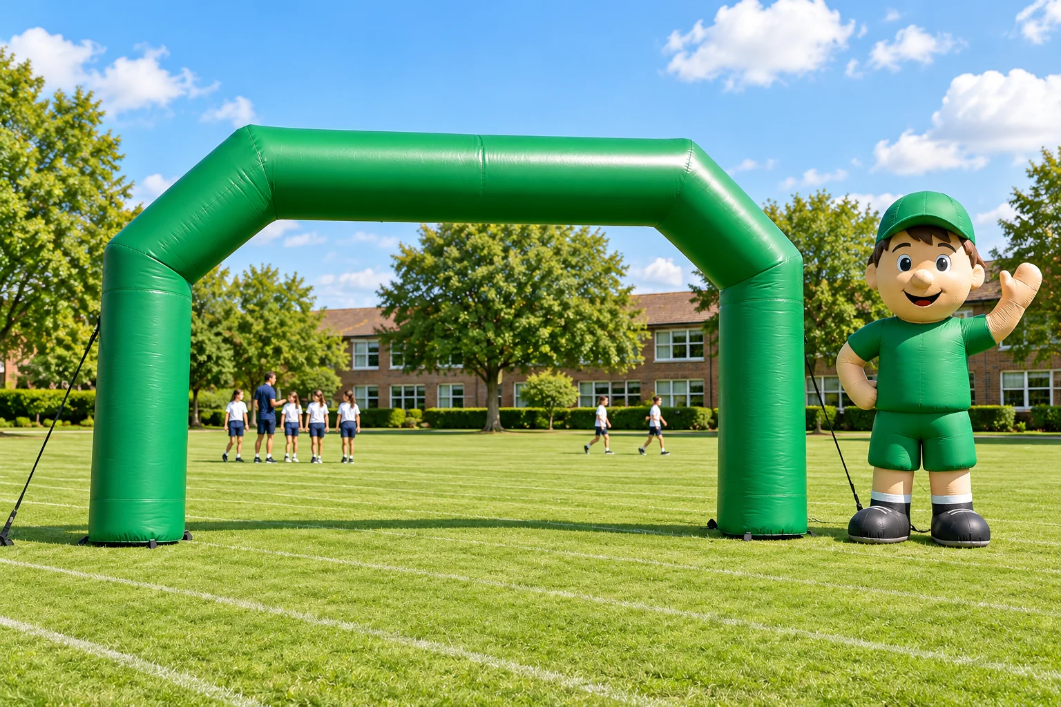 AI-generated concept of a green school event arch and waving boy mascot used as non-play displays on a sports field.