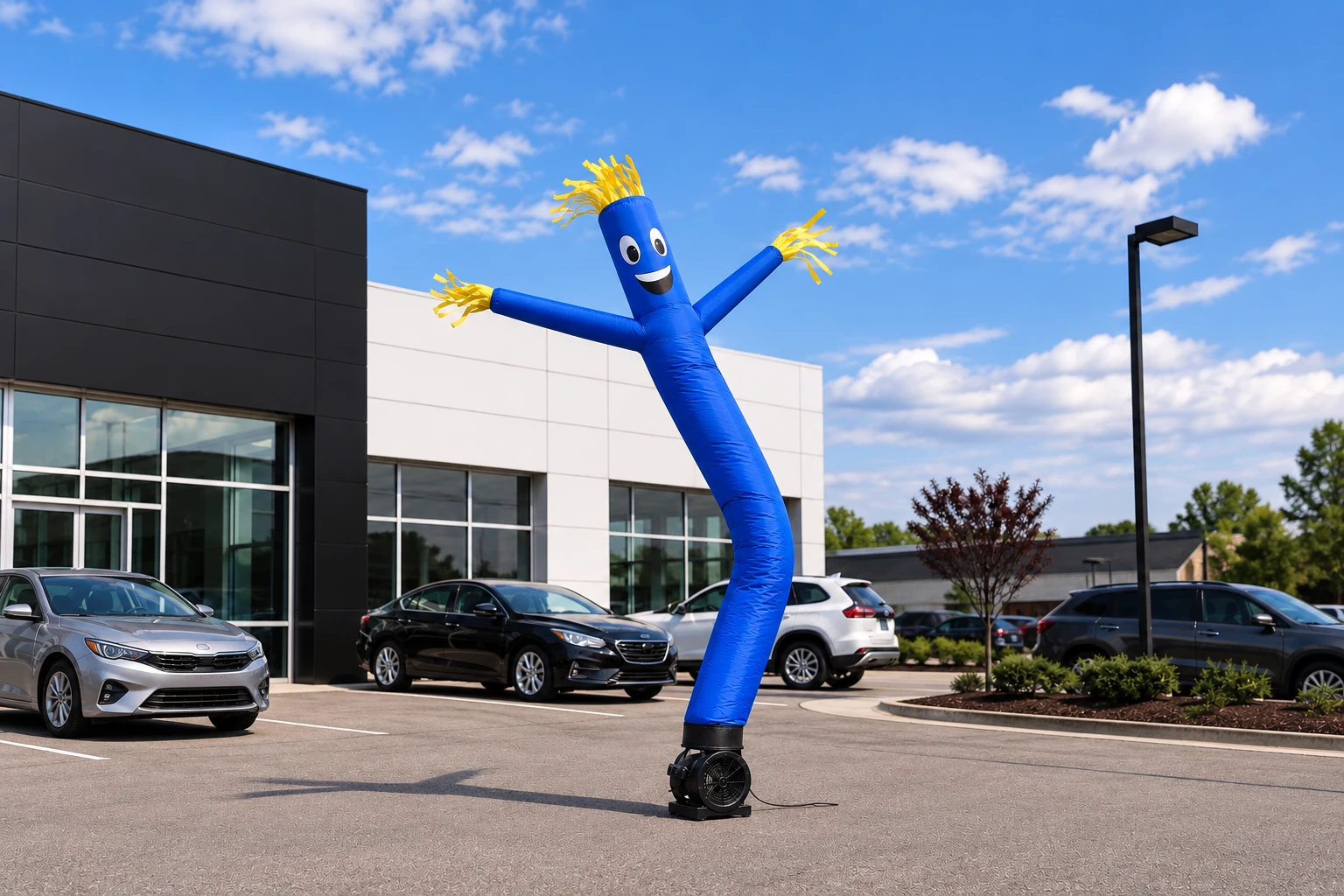 AI-generated design reference of one blue fabric air dancer with yellow streamers, a printed smiling face and a black blower outside a dealership.