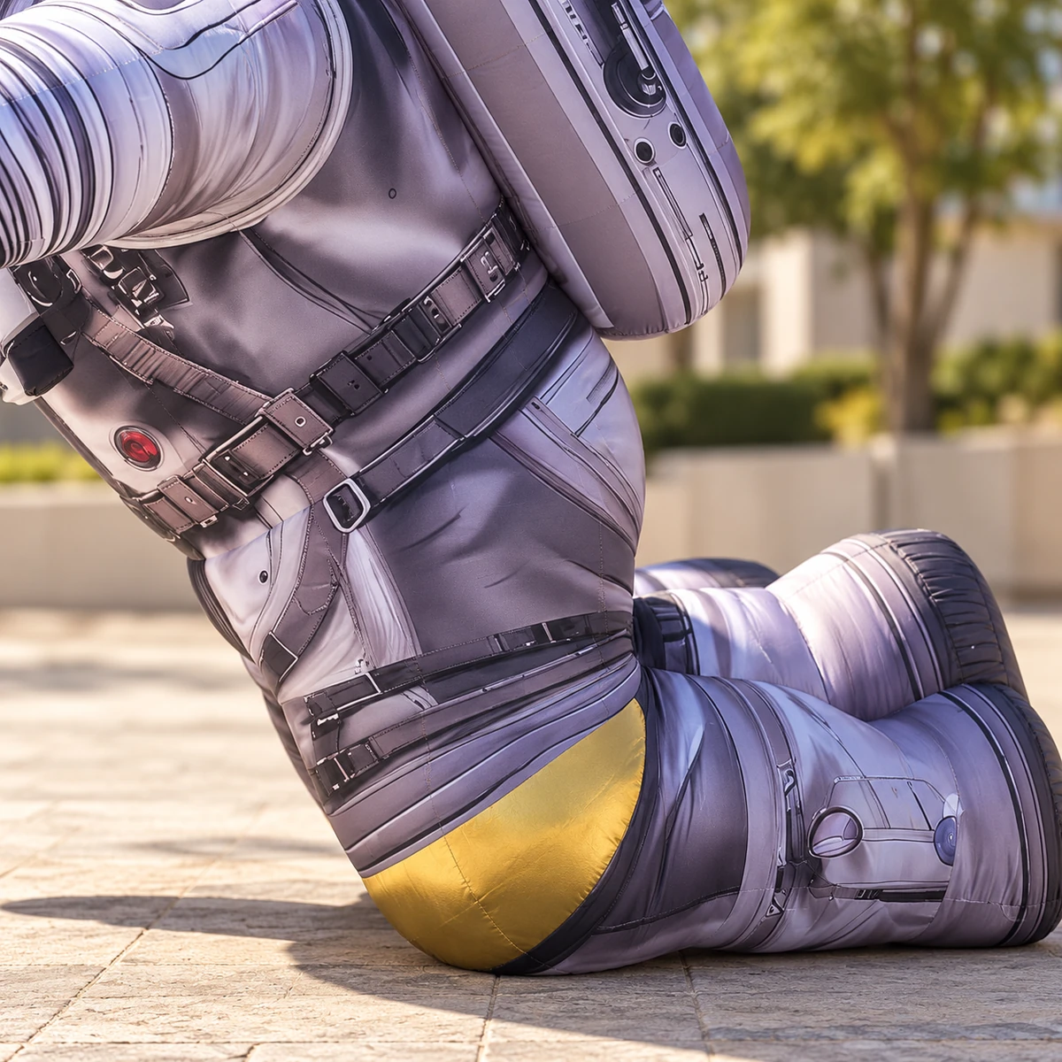 Bent leg, gold knee accent and footprint design detail (AI-generated concept visualization)