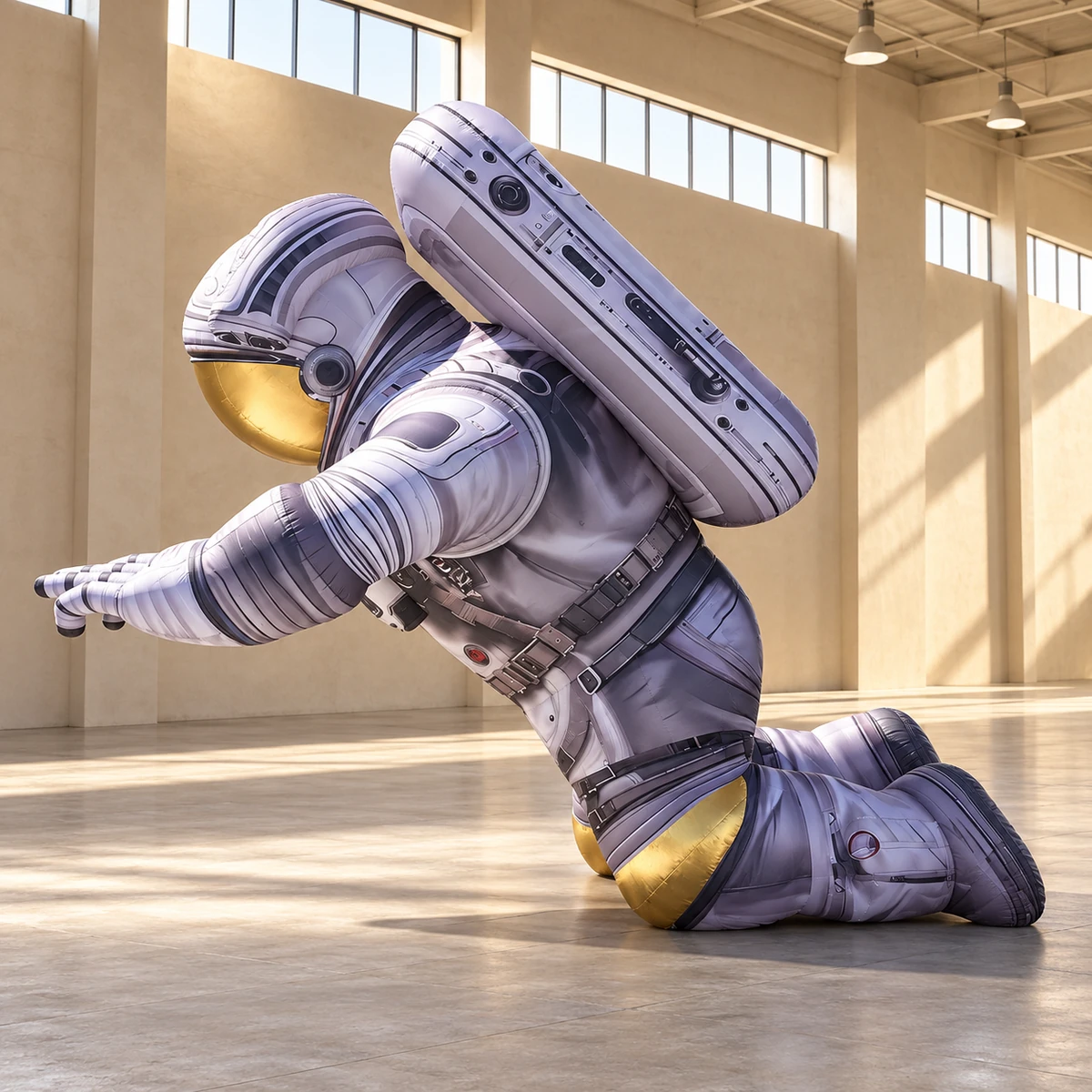 Same astronaut in a side-profile exhibition hall view (AI-generated concept visualization)