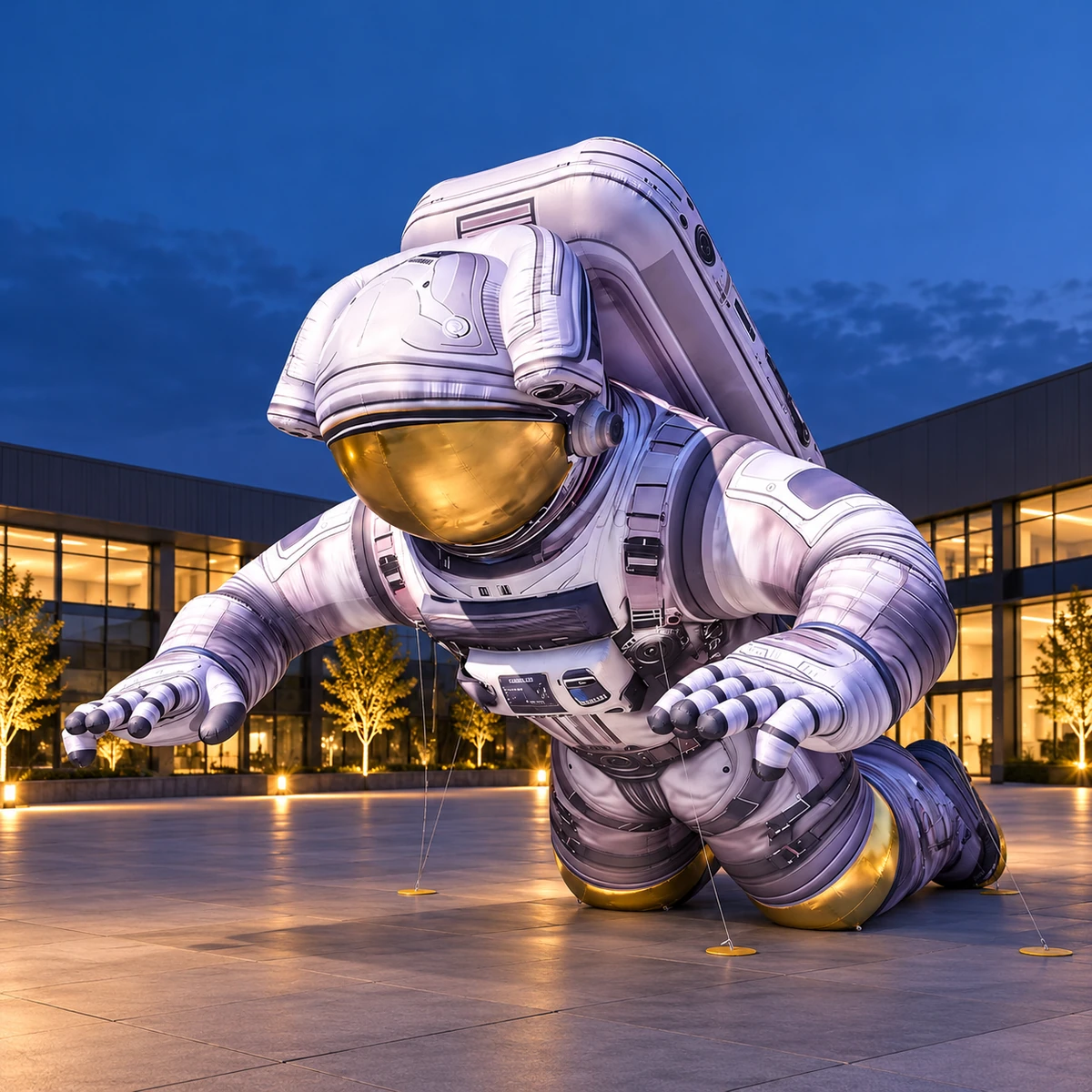 Same astronaut in an evening plaza concept (AI-generated concept visualization)