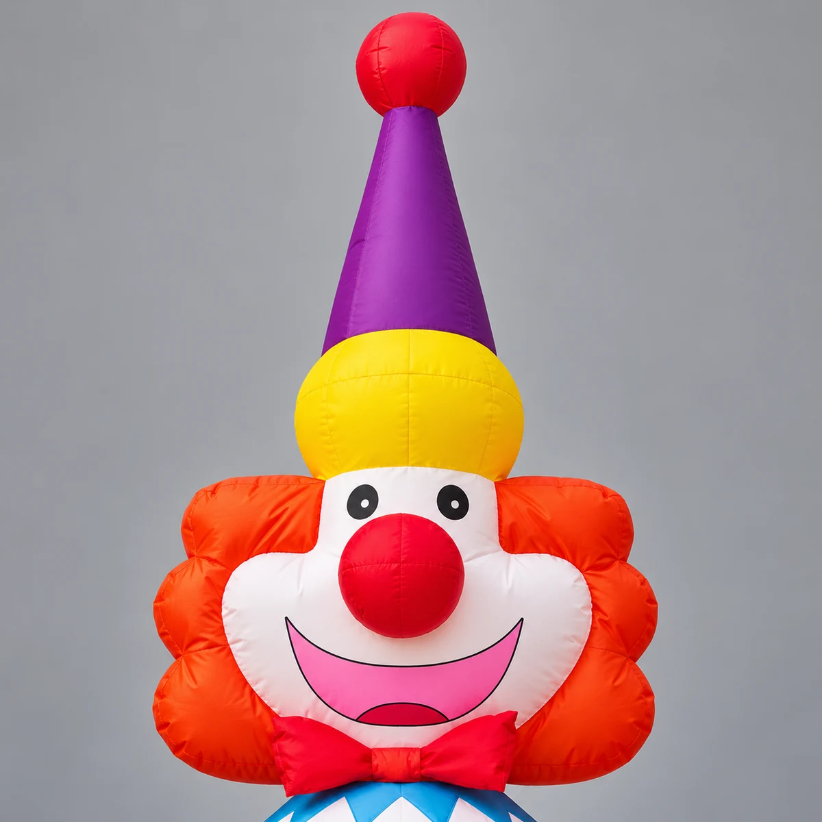 Close detail of the purple cone hat, red nose, smiling face and bow tie (AI-generated visualization)