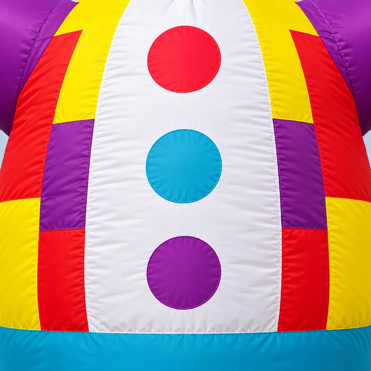 Close detail of the red, turquoise and purple circles and colorful torso panels (AI-generated visualization)
