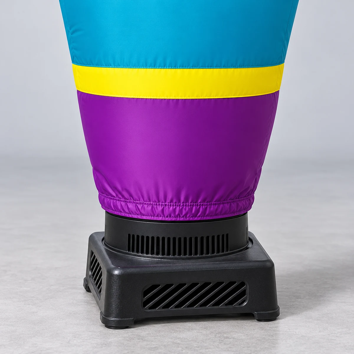 Close detail of the turquoise and purple lower sleeve above the black blower base (AI-generated visualization)