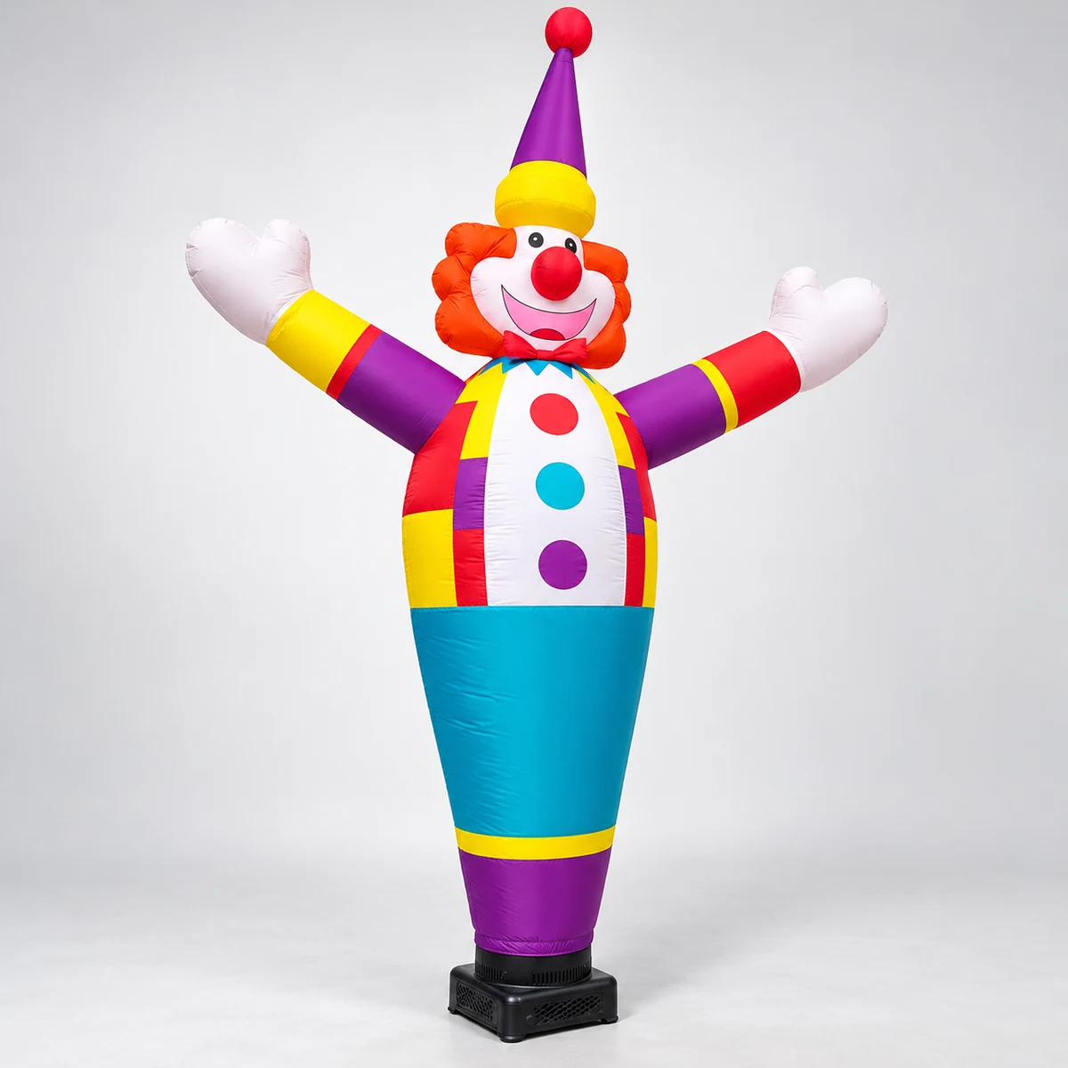 Slight angled studio view of the clown with raised arms and tapered body (AI-generated visualization)