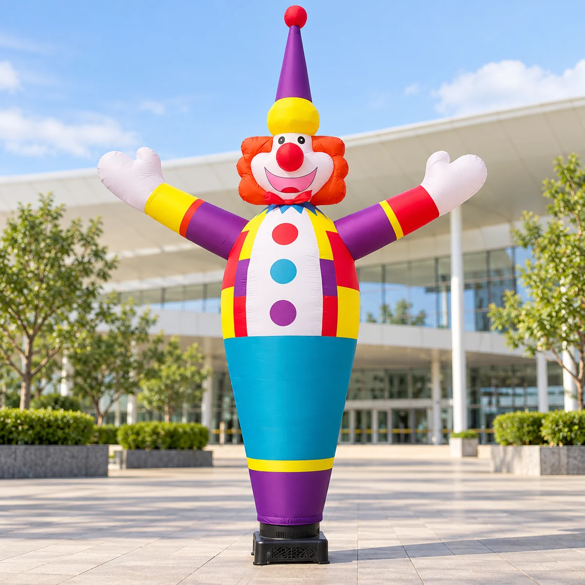 Clown air dancer in a daylight event-entrance concept (AI-generated visualization)