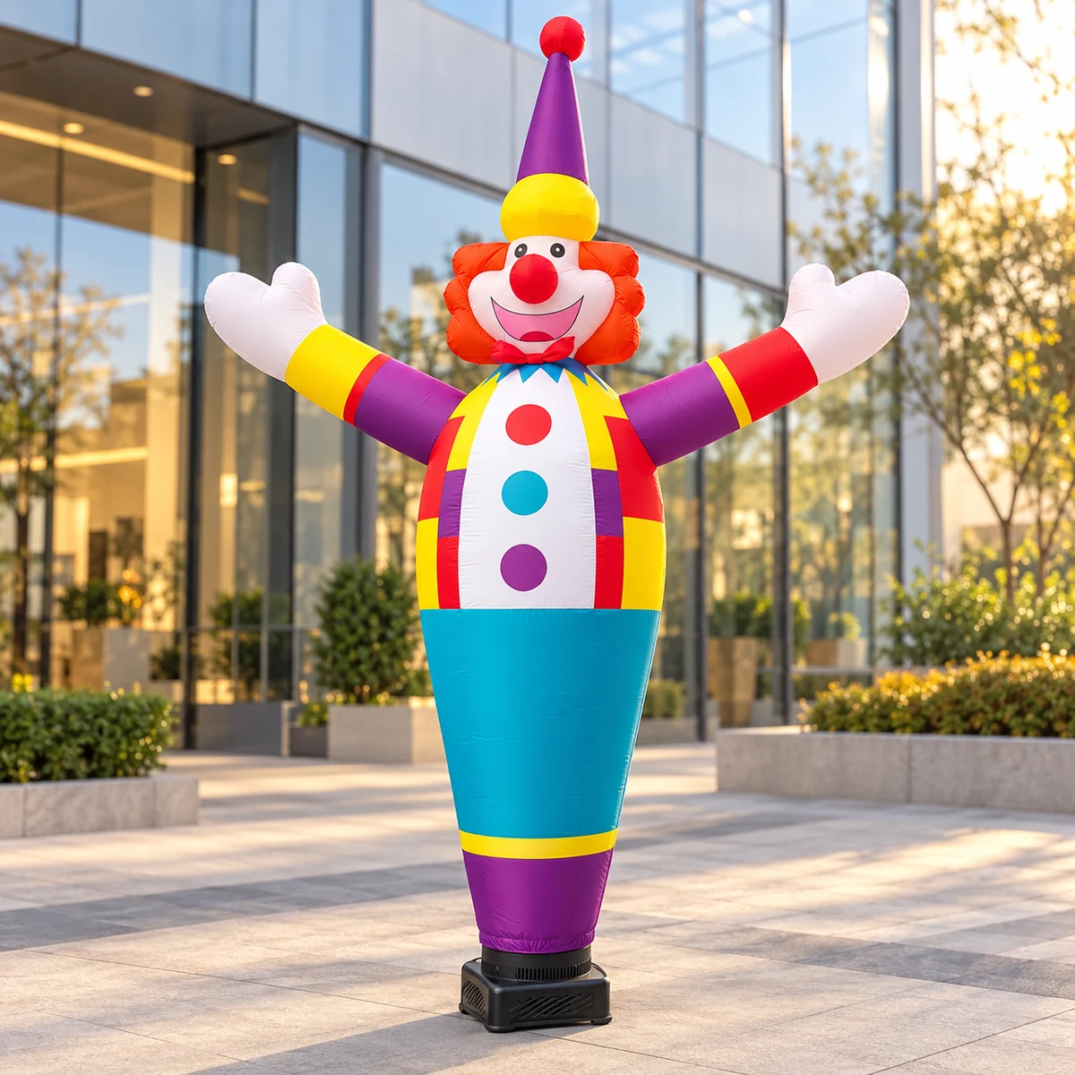 Clown air dancer in a warm daylight retail-plaza concept (AI-generated visualization)