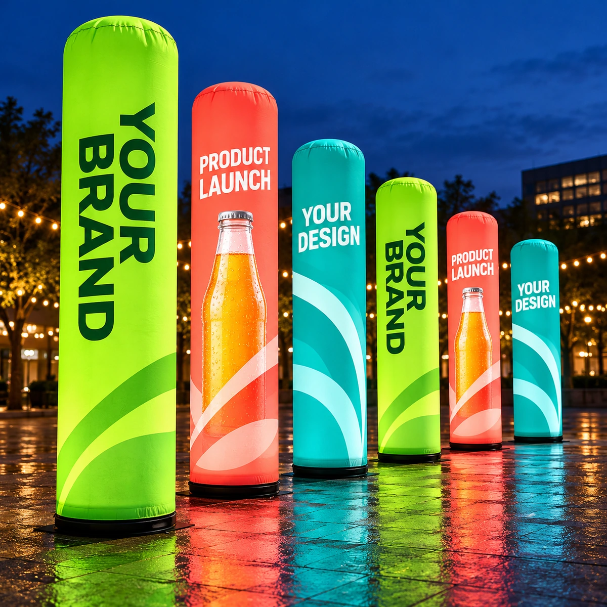 Grouped custom-printed columns with sample campaign text and product graphics in a proposed lighted evening display (AI-generated concept visualization)