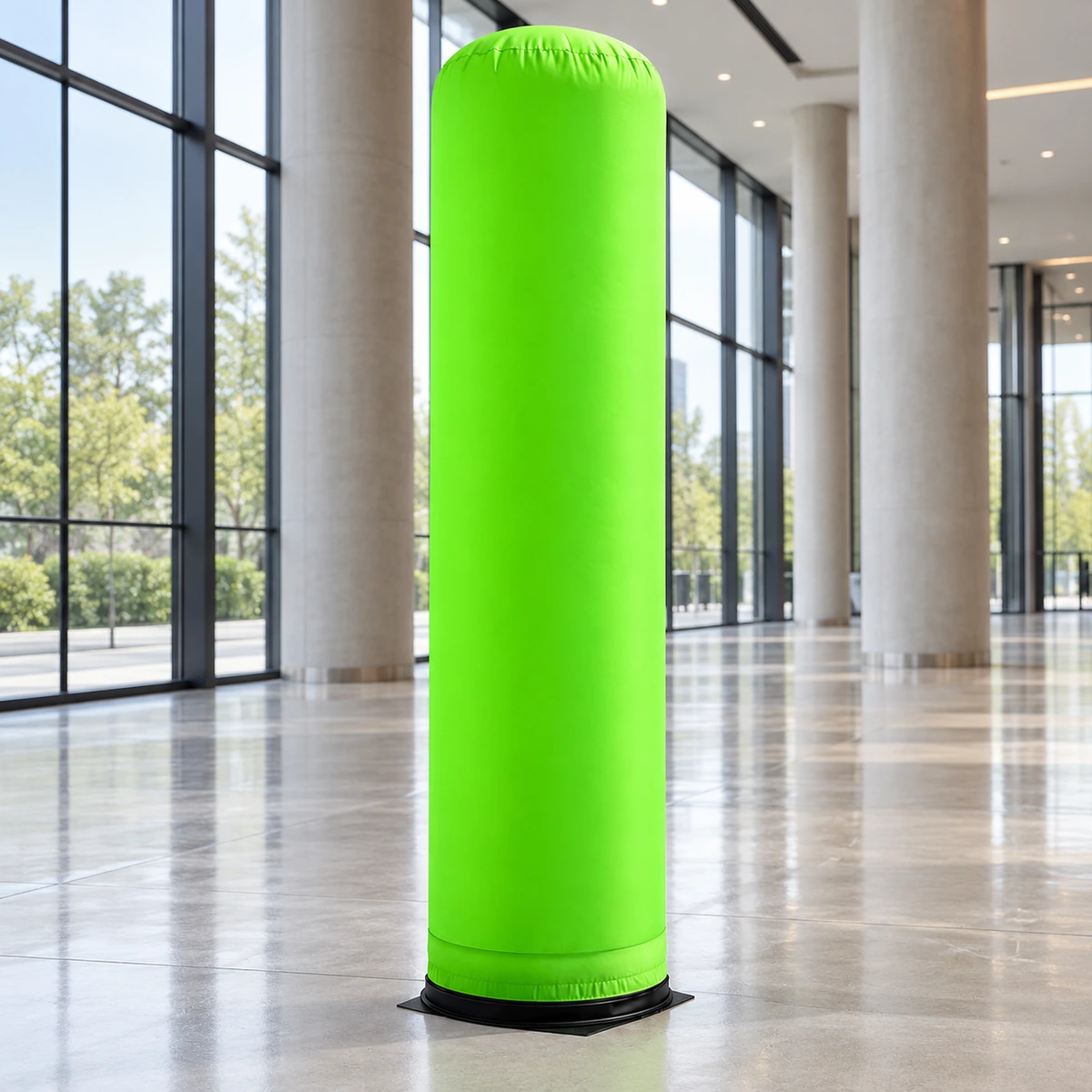 Same lime-green column in an exhibition foyer (AI-generated concept visualization)