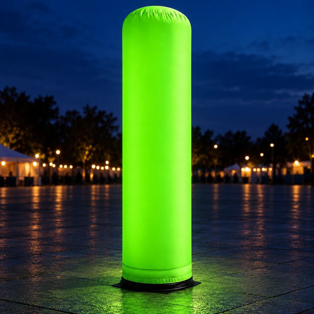 Same lime-green column with an illustrative evening lighting effect (AI-generated concept visualization)