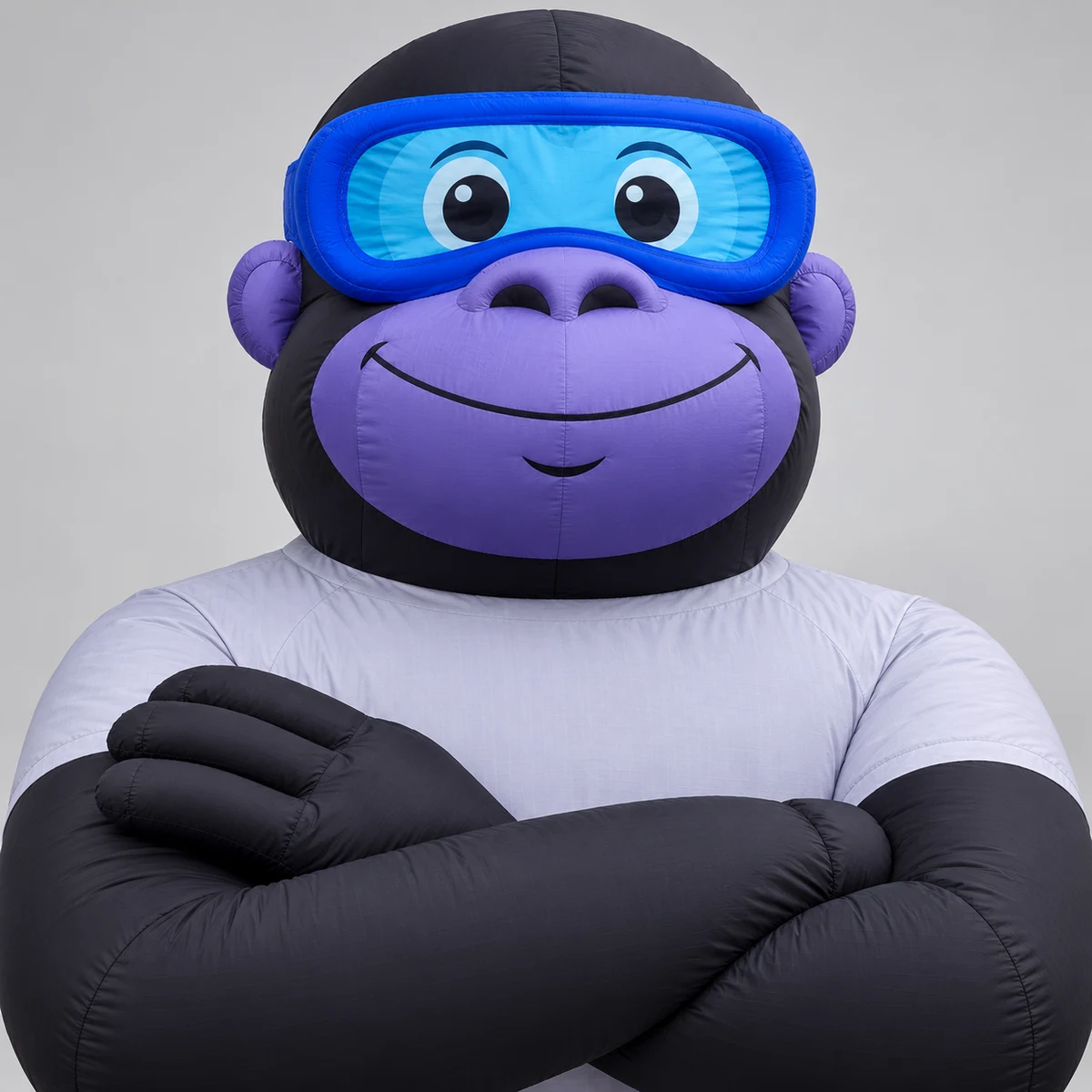 Gorilla mascot concept detail of purple face and blue wraparound goggles with cartoon eyes