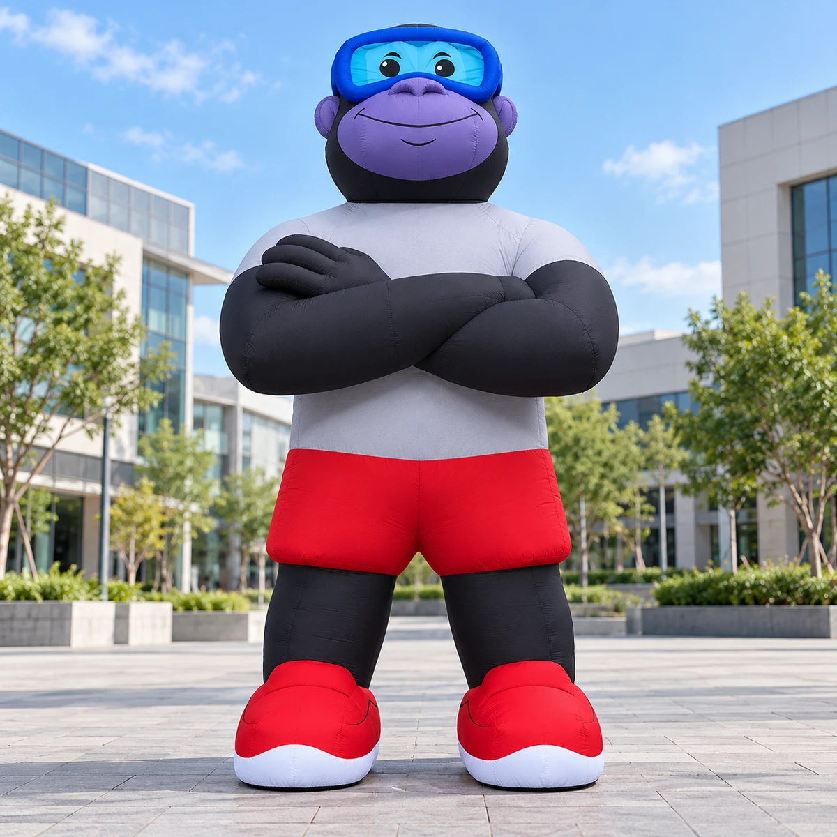 Gorilla mascot concept with crossed arms, blue goggles and red shorts in an illustrative outdoor plaza
