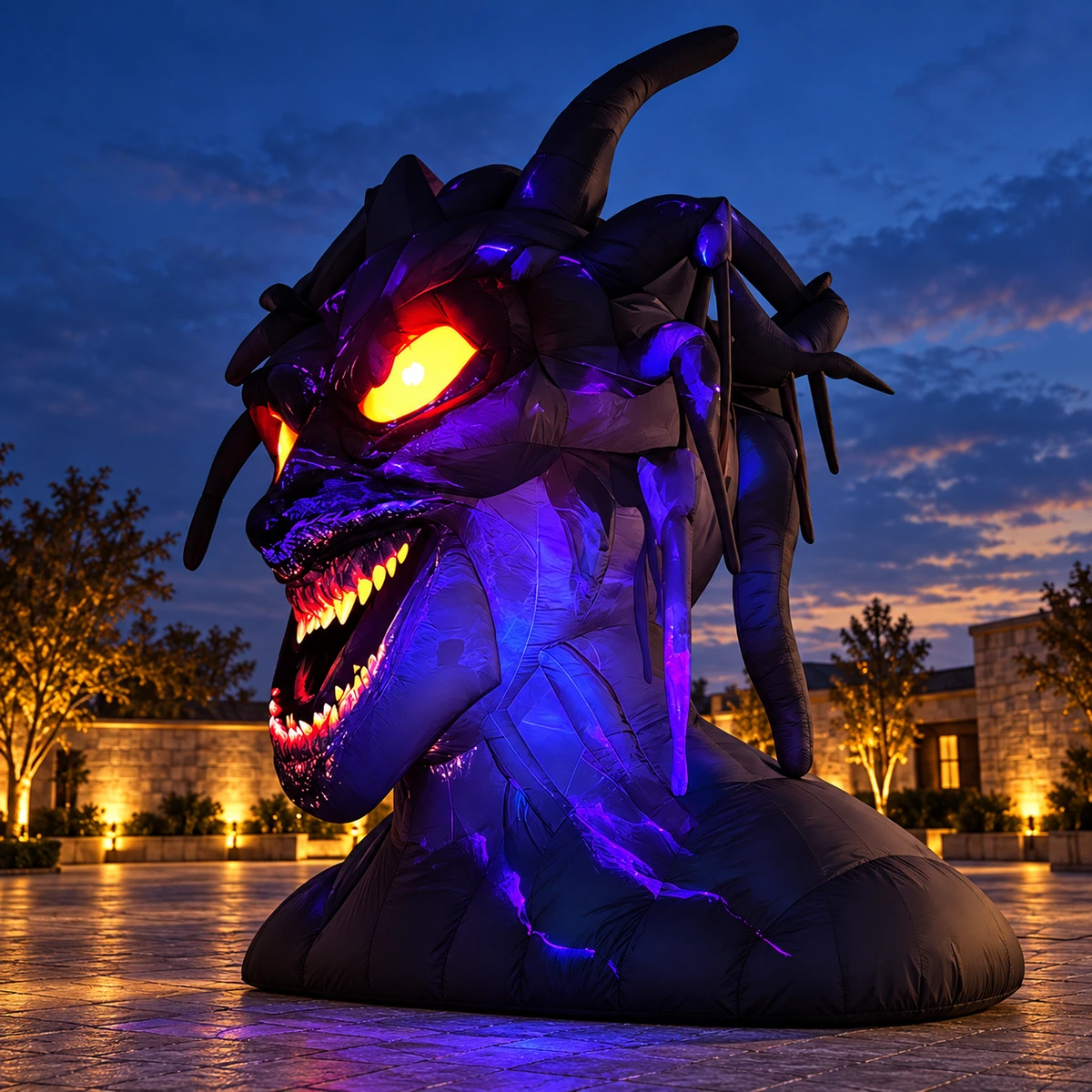 Monster head left three-quarter view in a courtyard concept (AI-generated concept visualization)