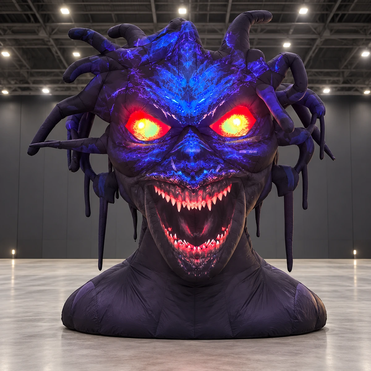 Monster head front view in a Halloween event hall concept (AI-generated concept visualization)