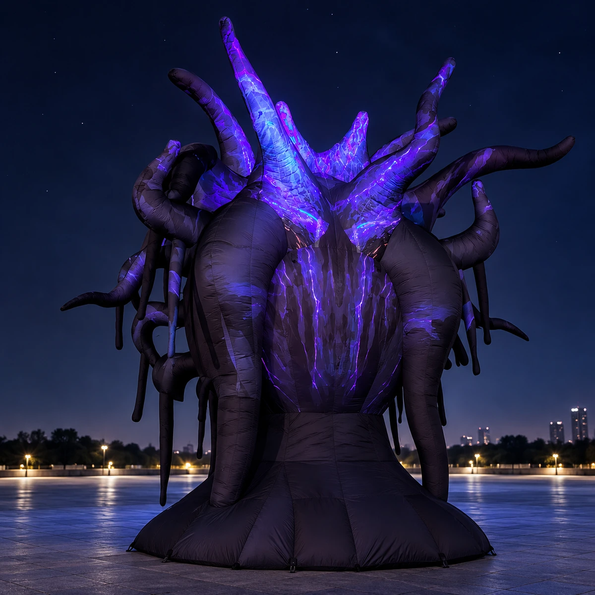 Monster head rear view in a plaza concept (AI-generated concept visualization)
