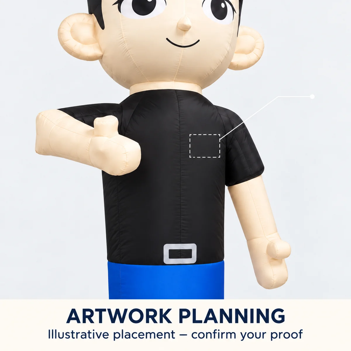 Black-shirt artwork placement planning concept for the inflatable store greeter (AI-transformed design concept)