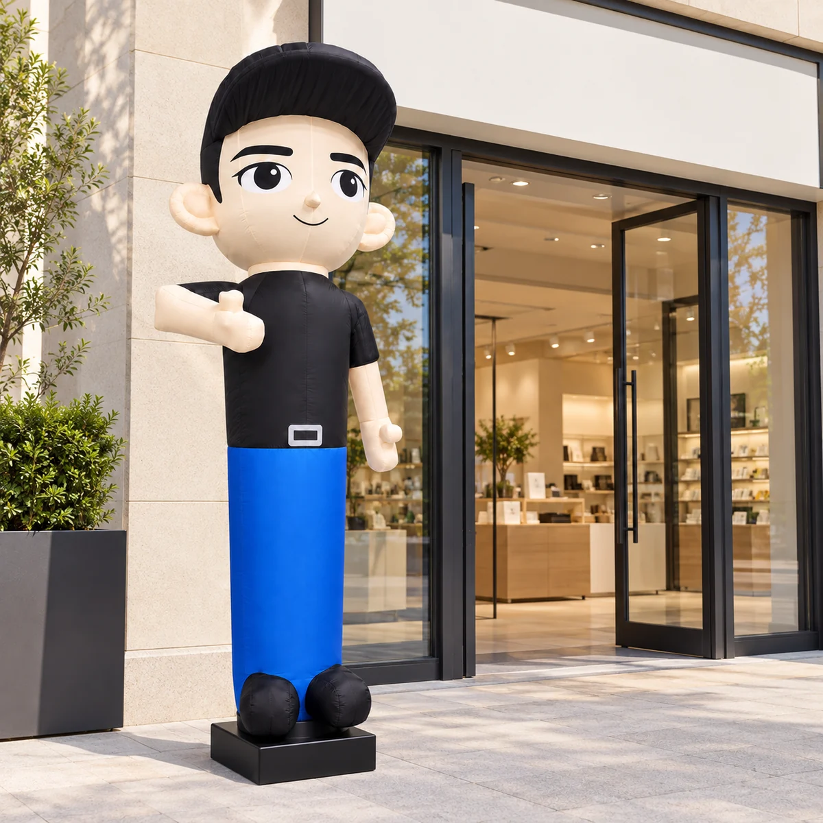 Inflatable store greeter in an anonymous daylight retail entrance placement concept (AI-transformed design concept)