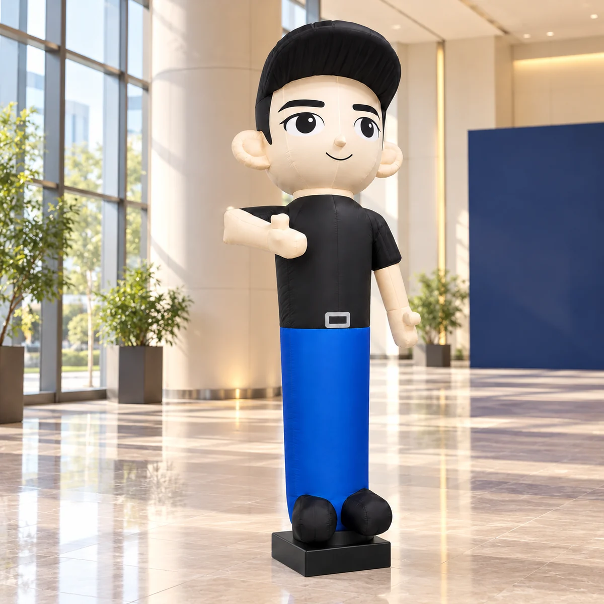 Inflatable store greeter in an anonymous indoor event lobby placement concept (AI-transformed design concept)