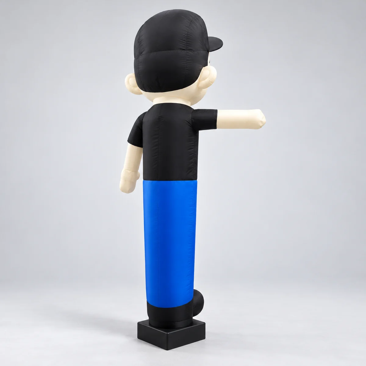 Rear three-quarter studio concept of the inflatable human character and proposed back artwork area (AI-transformed design concept)