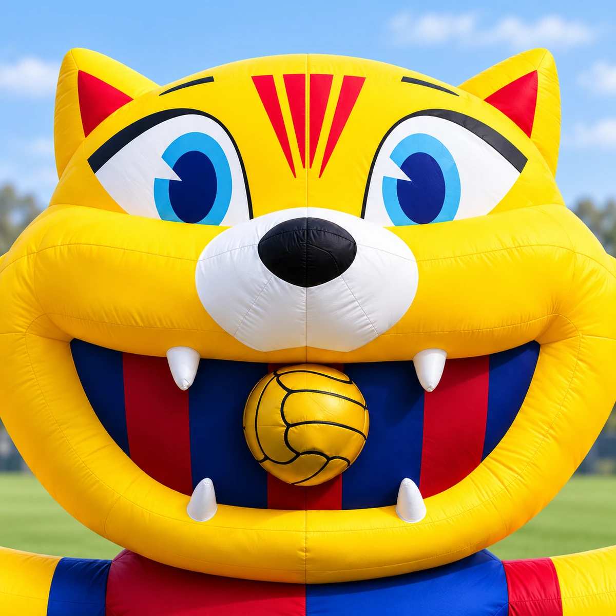 Same football tiger: close view of the tiger face, white muzzle, teeth and gold-colored ball (AI-generated concept visualization)