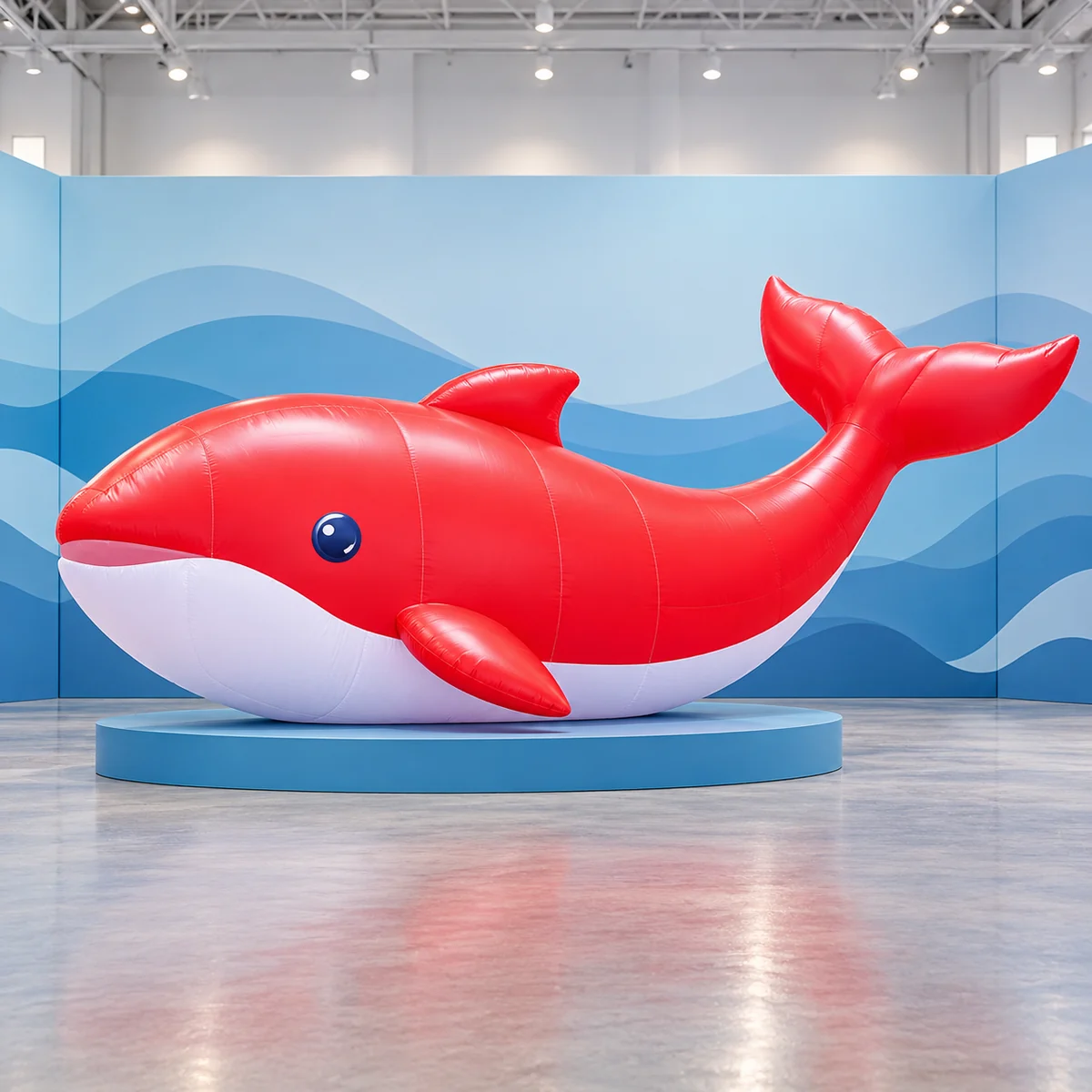 Whale display placement concept showing the overall shape and surrounding clear floor space, without measured installation limits (AI-transformed design concept)