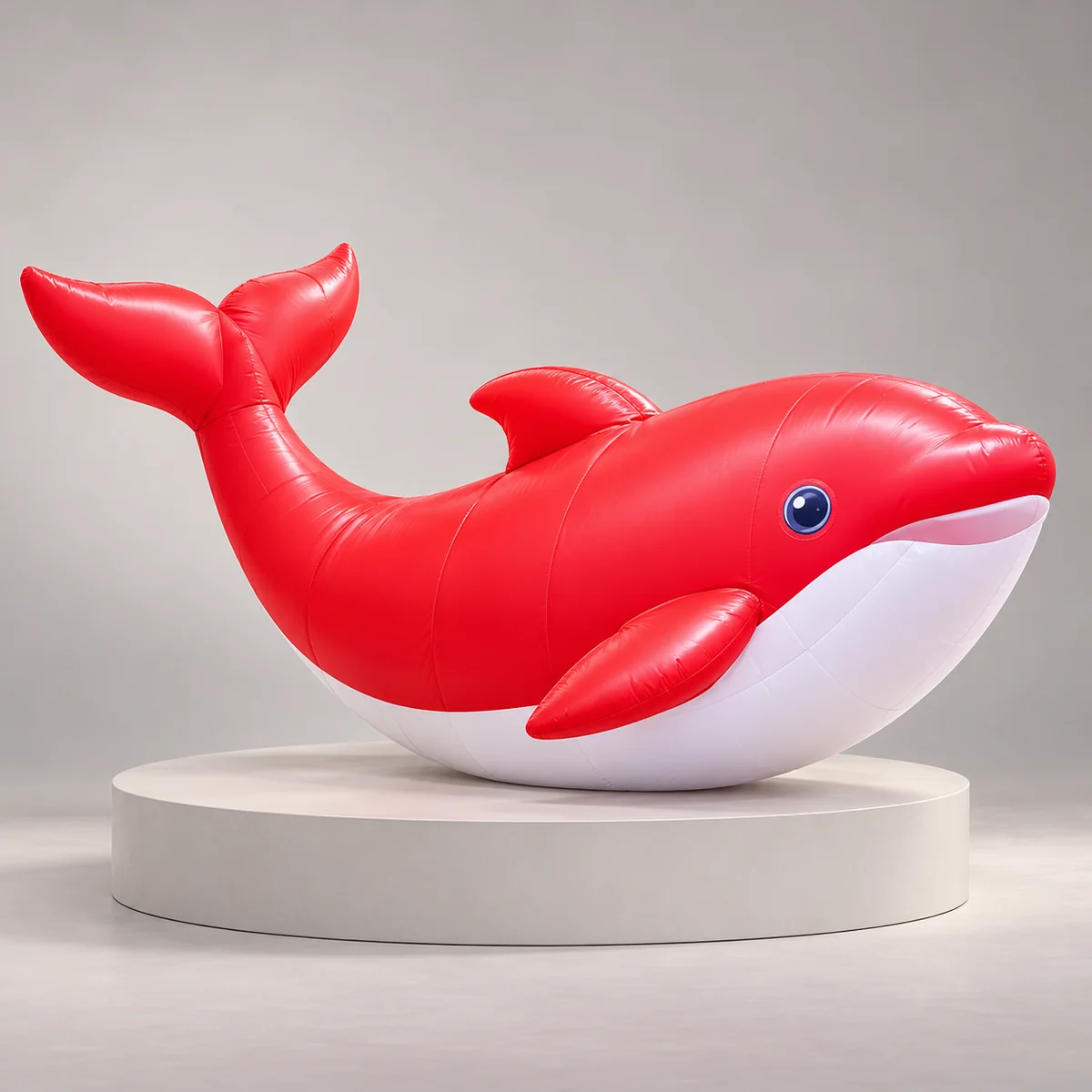 Second studio design view of the red-and-white whale showing its rounded body and white underside (AI-transformed design concept)