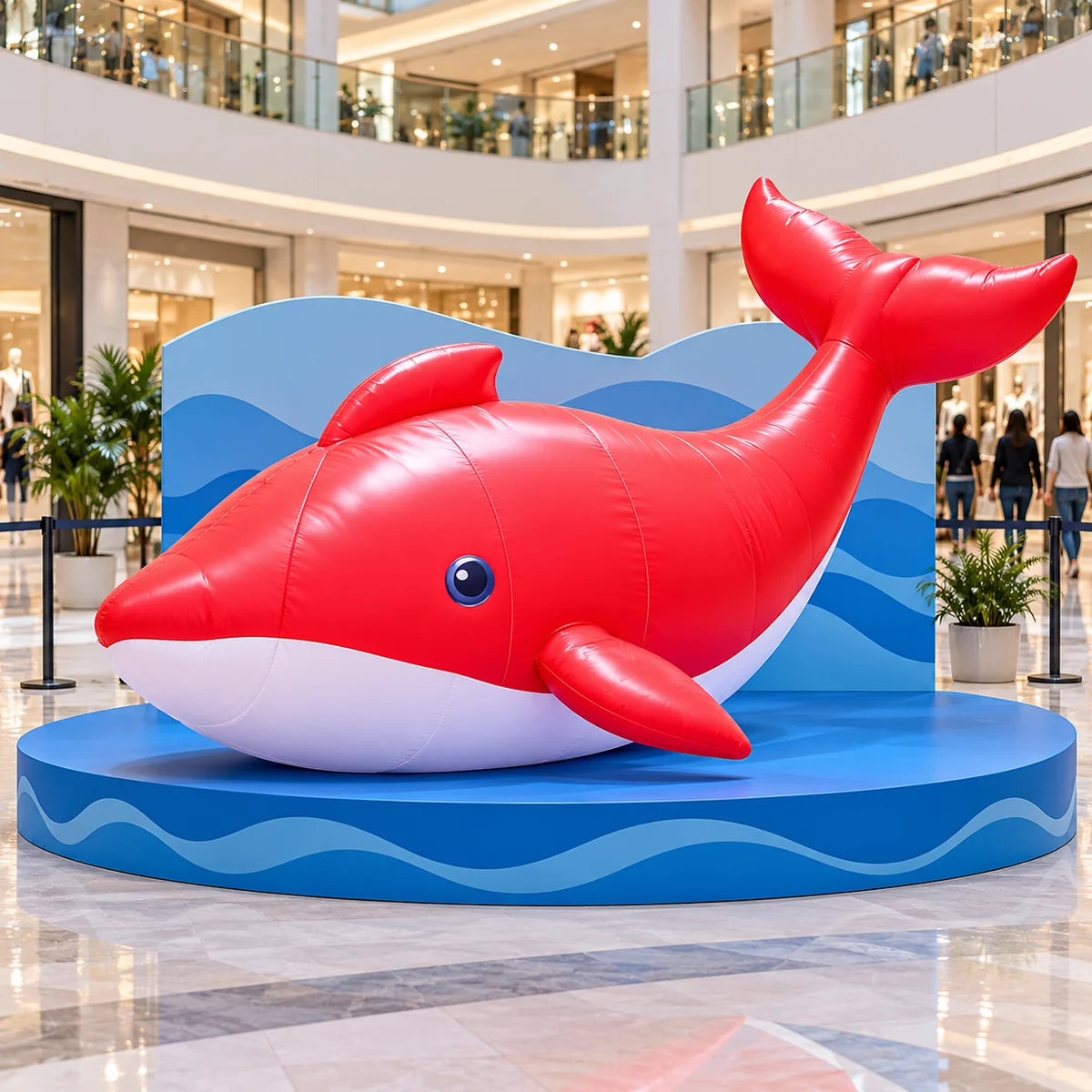 Red-and-white inflatable whale in an anonymous shopping-mall ground-display planning scene (AI-transformed design concept)