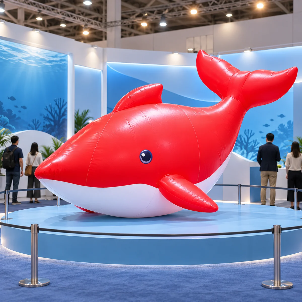 Red-and-white inflatable whale in an anonymous exhibition ground-display planning scene (AI-transformed design concept)